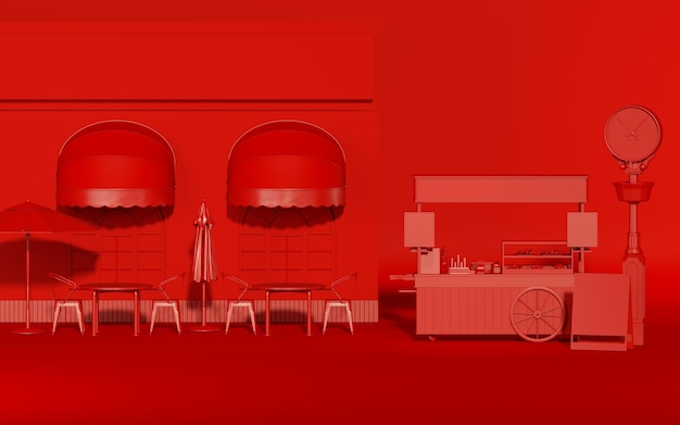 Esterno della caffetteria all'aperto con sfondo rosso anteriore di rendering 3d in stile classico