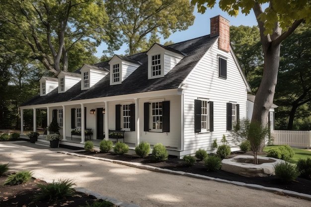 Esterno della casa di Cape Cod con rivestimenti in legno bianco e persiane nere