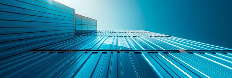 Esterno di un moderno edificio aziendale sotto un cielo blu limpido