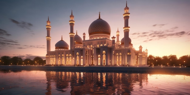 Esterno di una bella moschea religiosa musulmana decorata al tramonto ai generativo