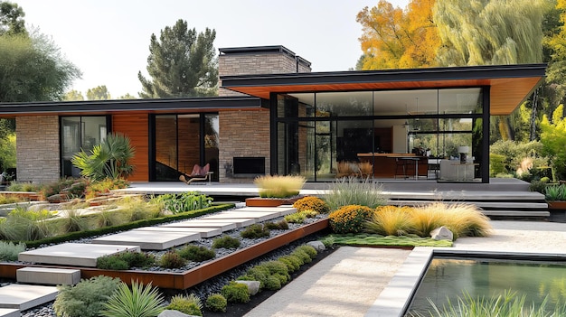 esterno posteriore di una villa moderna con progettazione paesaggistica del giardino e del patio posteriore