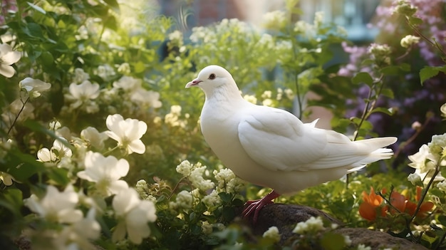 Estetica della natura Colomba bianca in un giardino fiorito