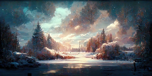 Estetica invernale. Paesaggio invernale. Illustrazione digitale. La pittura. Bellissimo scenario