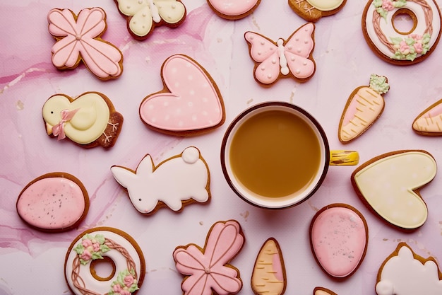 Estetica Pasqua sfondo biscotti pastello e caffè Carta primavera con simboli smaltati al forno di