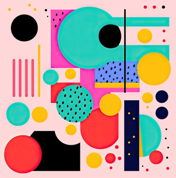 Estetica risografica di cerchi e linee rette Disegno geometrico realizzato con cerchi e righe colorate