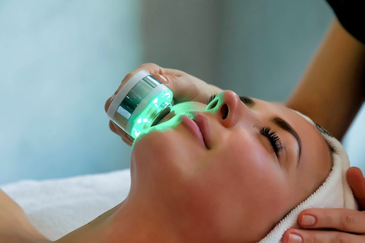 Estetista che fa terapia della luce a led per donna nel salone SPA, fototerapia facciale per la pulizia dei pori della pelle. Trattamenti antietà e procedura di fotoringiovanimento. Signora che riceve la terapia del viso nel resort SPA