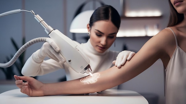 Estetista che usa un dispositivo laser per rimuovere un tatuaggio indesiderato dal braccio femminile concetto di cancellazione