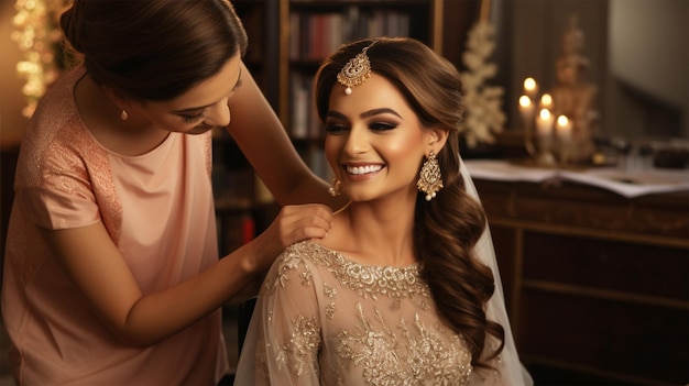 Estetista con cliente femminile in salotto per uno splendido trucco da sposa