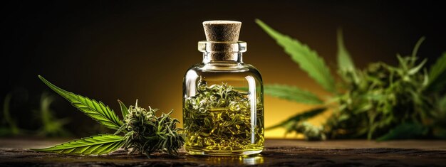 Estratt di olio di cannabis in una piccola bottiglia foco selettivo IA generativa