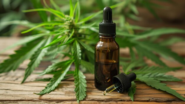 Estratt di olio di cannabis in una piccola bottiglia foco selettivo IA generativa