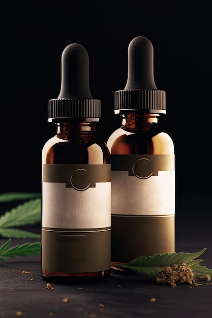 Estratti di olio di cannabis medicinale in barattoli e foglie di cannabis verde medicina alternativa Diverse bottiglie di vetro con CBD OIL AI generativo