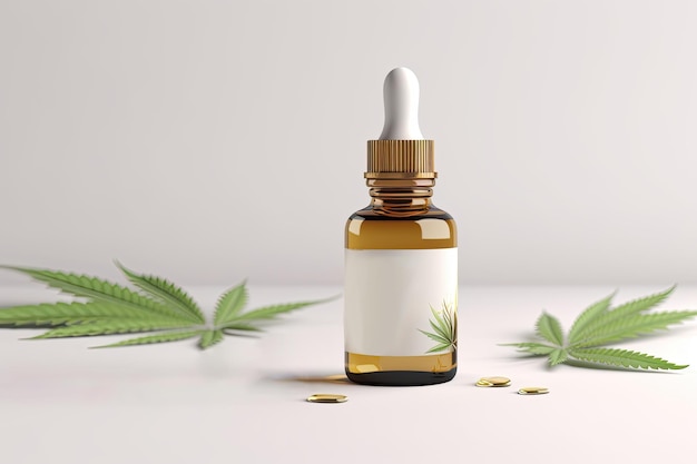 Estratti di olio di cannabis medicinale in barattoli e foglie di cannabis verde medicina alternativa Diverse bottiglie di vetro con CBD OIL AI generativo