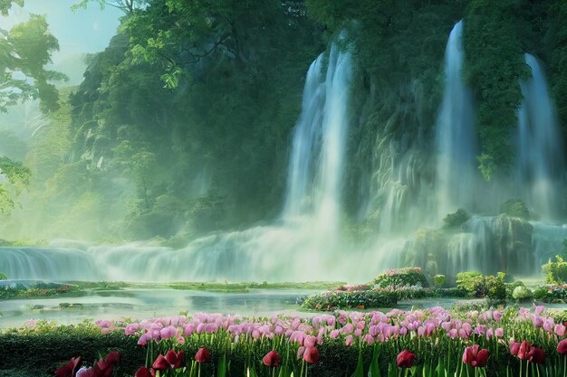 Etereo e massiccio giardino a cascata una montagna piena di tulipani multicolori e rosesai ha generato ARTE