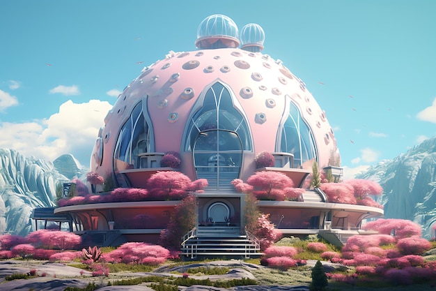 Ethereal Fusion Cupola iperrealistica con casa da cartone animato ispirata a Beeple e Lush Landscapes