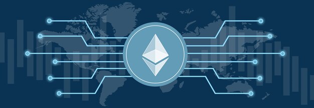 Ethereum su metriche e grafici multicolori su sfondi multicolori e mappa del mondo