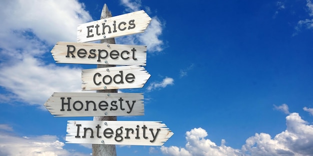 Etica rispetto codice onestà integrità cartello in legno con cinque frecce