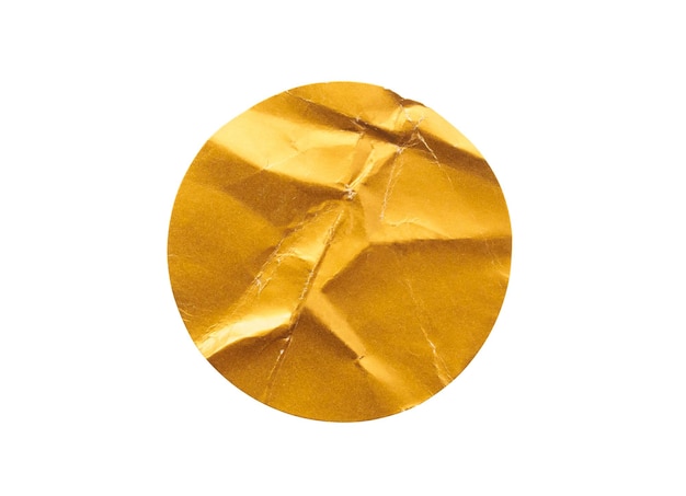 Etichetta adesiva in carta adesiva rotonda dorata vuota isolata su sfondo bianco