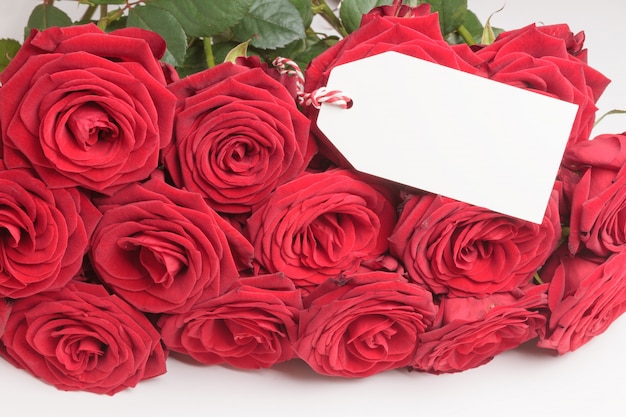 Etichetta bianca vuota con rose rosse su sfondo bianco. Concetto di San Valentino