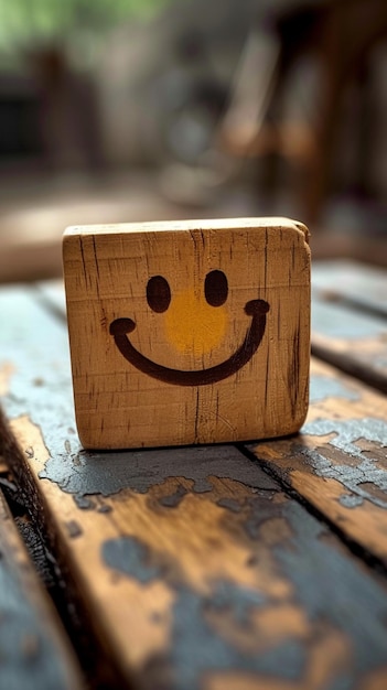 Etichetta in legno con faccia sorridente feedback positivo giornata della salute mentale carta da parati mobile verticale