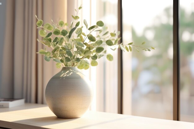 eucalipto in un vaso unico con scrivania in legno AI Generato