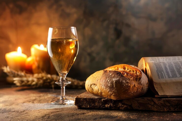 Eucharistic symbols Lords supper symbols Bible wine glass and bread on the table Generative AI
