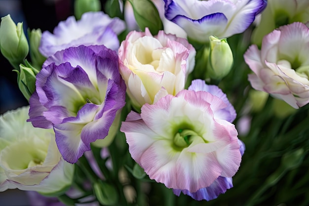 Eustoma fiorisce a metà fioritura mostrando i suoi delicati petali e i suoi colori vivaci