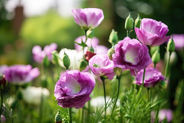 Eustoma fiorisce in un ambiente naturale all'aperto circondato dal verde