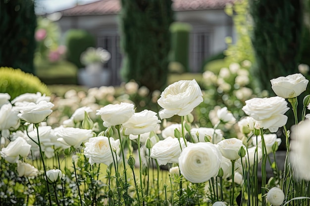 Eustoma fiorisce in un giardino senza tempo pieno di rose bianche