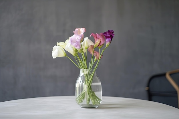 Eustoma fiorisce in vaso di vetro dal design semplice e minimalista