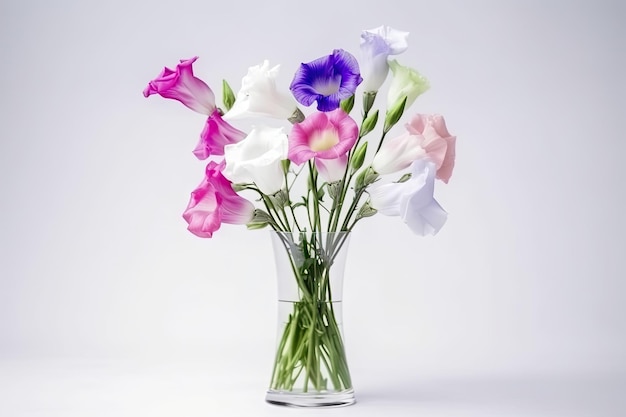 Eustoma fiorisce in vaso di vetro su sfondo bianco