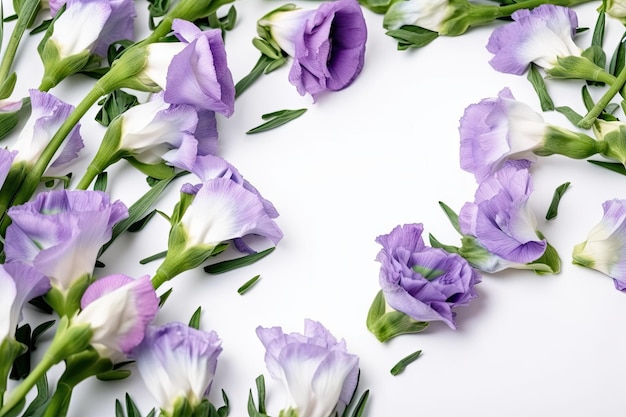 Eustoma fiorisce su sfondo bianco con cornice naturale di rami e foglie