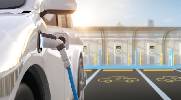 Ev auto o veicolo elettrico carica batteria plug-in con stazione di ricarica