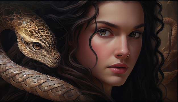 Eva e un serpente nel biblico Giardino dell'Eden che rappresentano il tema della tentazione e del peccato nel cristianesimo