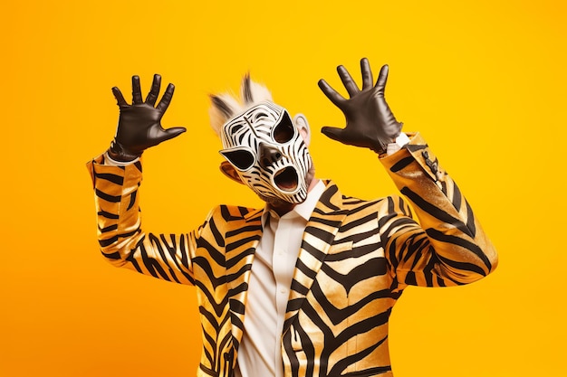 Evento festivo con un tizio strano che balla con una maschera di zebra.