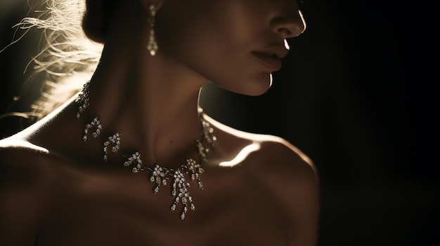 Evidenziando un collo di modelle adornato con una delicata collana e adornato con intricati orecchini