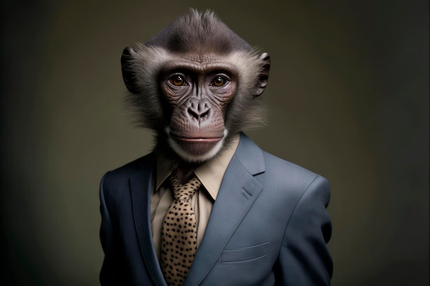 Executive Monkey Titi the Dapper Primate in Dark Studio Un ritratto accattivante di una scimmietta esperta di affari Generative Ai