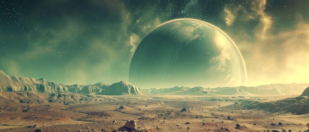 Extraterrestrial Horizon Una scena mozzafiato di un paesaggio desertico alieno sotto un cielo stellato con