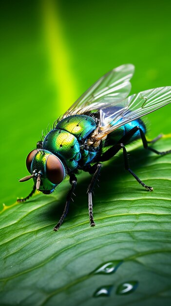 Extreme CloseUp Piccola mosca domestica sulla foglia verde