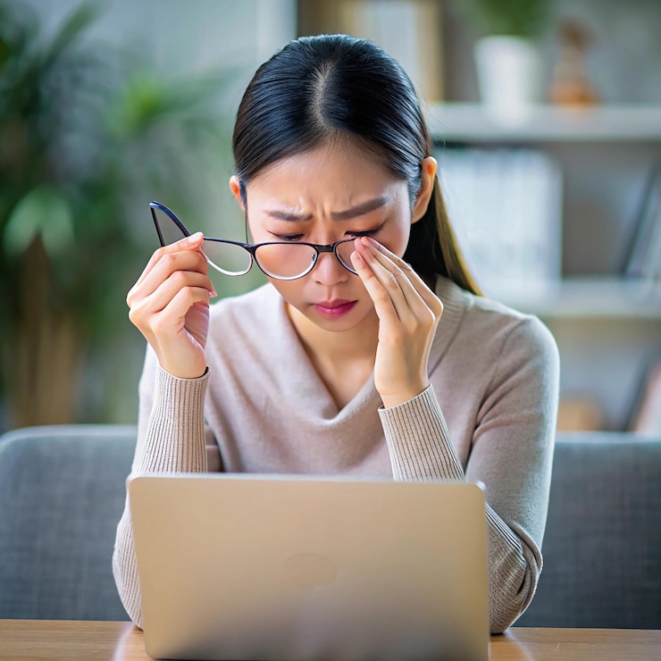 Eye problem concept fatigue asian young woman tired eyes