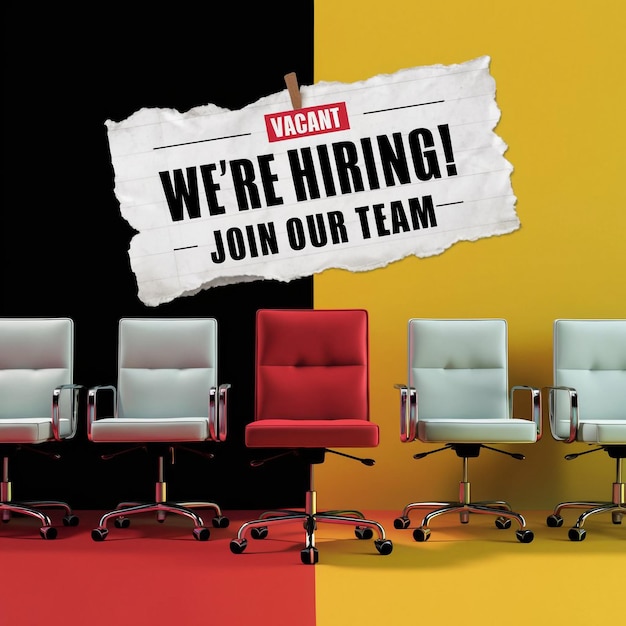 EyeCatching Were HIRING Poster Bold Red Chair in Focus per il post sui social media