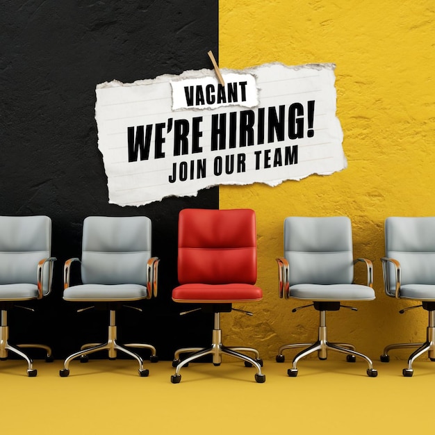 EyeCatching Were HIRING Poster Bold Red Chair in Focus per il post sui social media