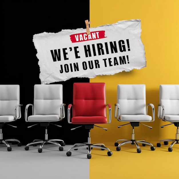 EyeCatching Were HIRING Poster Bold Red Chair in Focus per il post sui social media