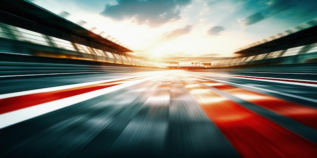 F1 pista di corsa circuito strada con motion blur e tribuna stadio per le corse di Formula Uno