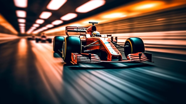 F1 Racing attraverso il tunnel Auto da corsa che guidano velocemente su una pista con luci brillanti