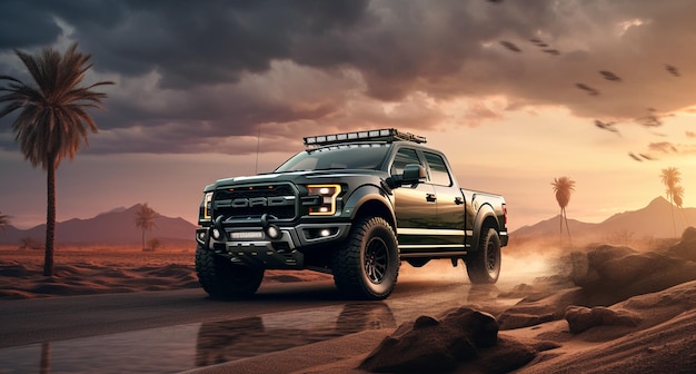 f150 raptor su una strada del deserto contro il tramonto nello stile di mix di maschile e femminile