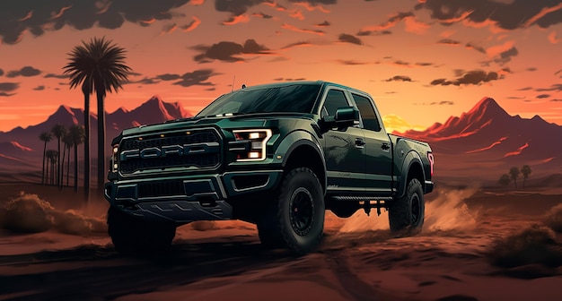 f150 raptor su una strada del deserto contro il tramonto nello stile di mix di maschile e femminile