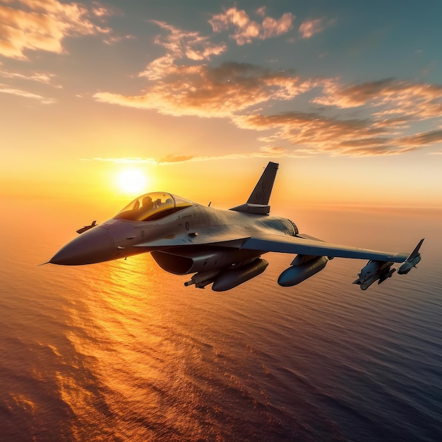 F16 caccia dell'aeronautica volando sopra l'oceano bellissimo tramonto sull'orizzonte sullo sfondo Jet aerei militari pattuglia il territorio fa un volo di addestramento Close up aerial view rendering 3D