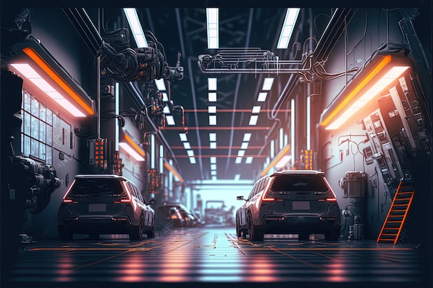 Fabbrica automobilistica moderna e futuristica Catena di montaggio Generative Ai