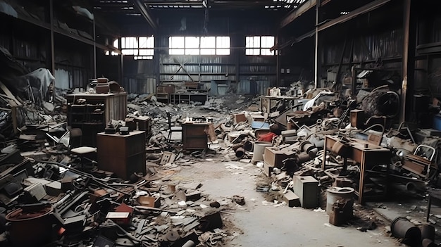 Fabbrica desolata abbandonata, decadente e dimenticata, resti inquietanti del passato industriale, magazzino pieno di rottami, parti inutilizzate.