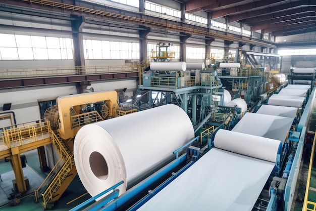 Fabbrica di cellulosa e carta con enormi macchine che producono carta di alta qualità creata con l'IA generativa